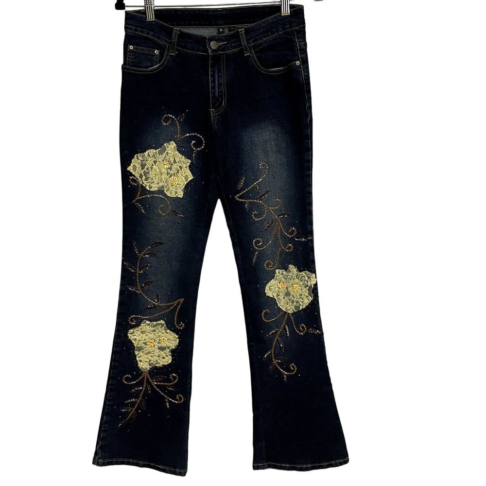 A.Z.I. Flare Jeans‎ Embellished  Embroidered Size 28 Y2K Vibe